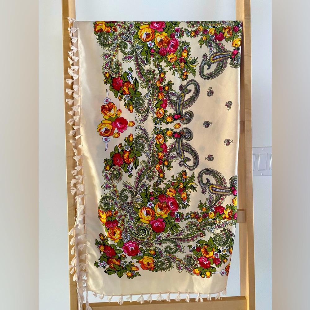 Square Spring Floral print scarf | oversized with tassels